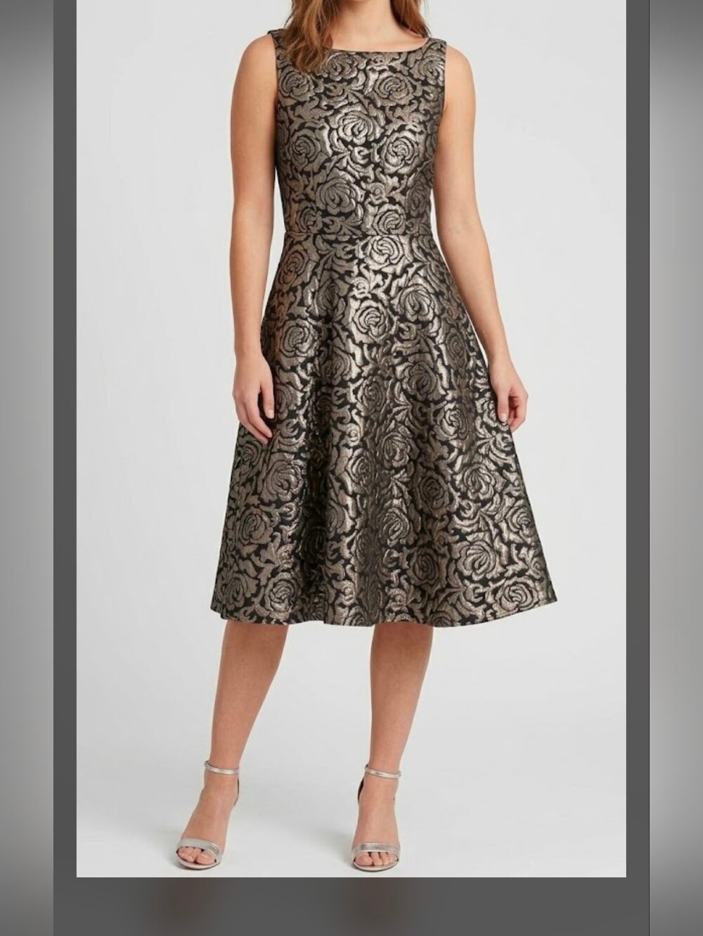 Bettie Page Black & Gold Rose Jacquard Midi Dress